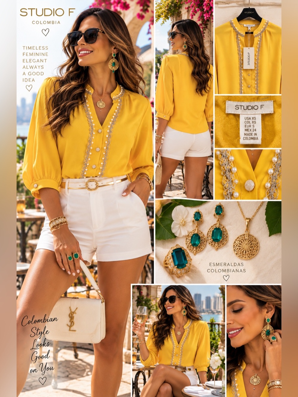 Studio F Yellow Embellished Blouse Size XS – Made in Colombia NWT